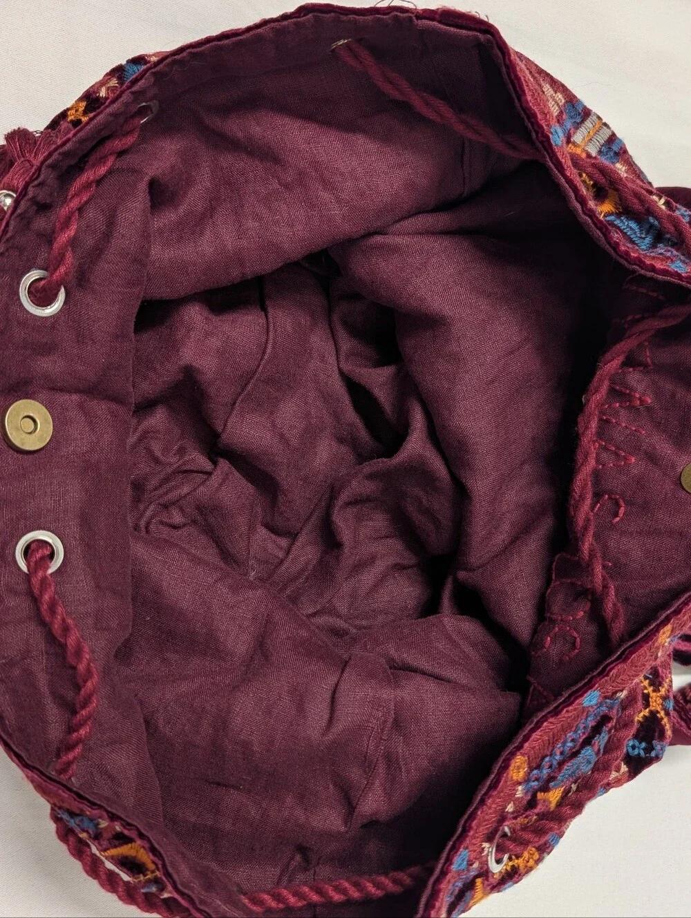 Johnny Was Burgundy Multi Boho Geometric Embroidered Drawstring Backpack Bag